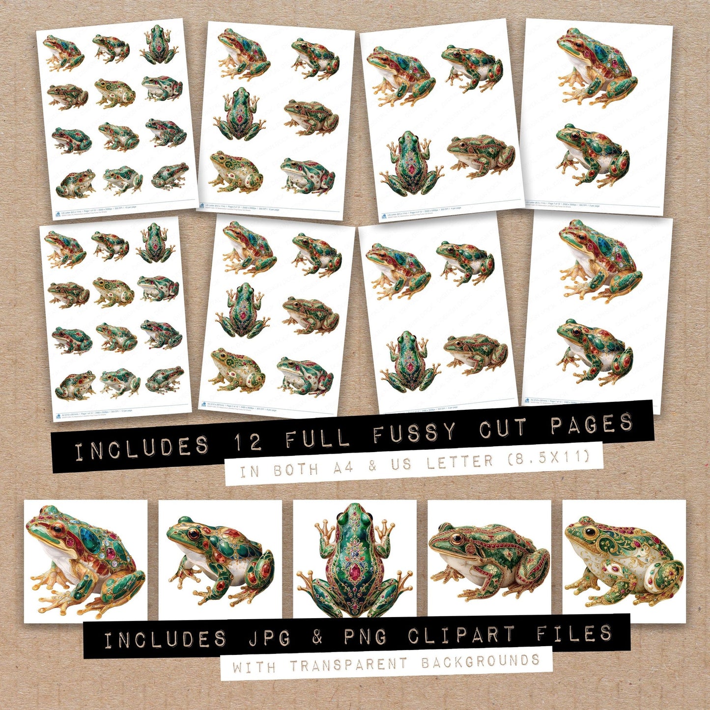 Full collection view of Watercolour Jewelled Frog fussy cut sheets with bonus clipart JPG and PNG files