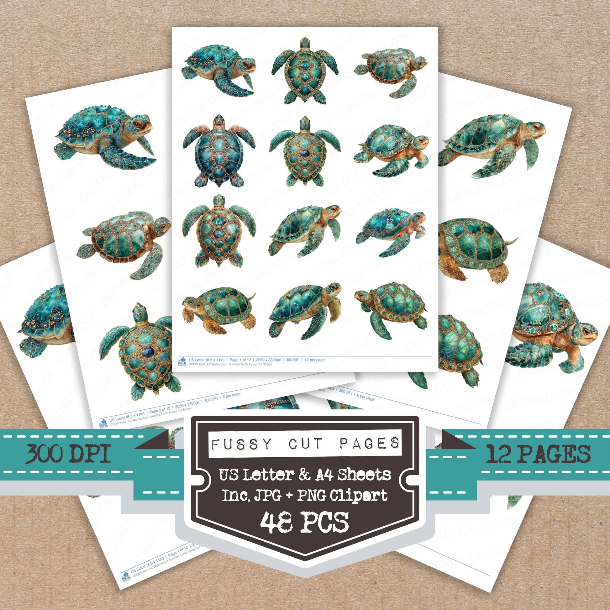 Watercolour Jewelled Turtle fussy cut printable sheets for junk journaling, scrapbooking, and paper craft projects