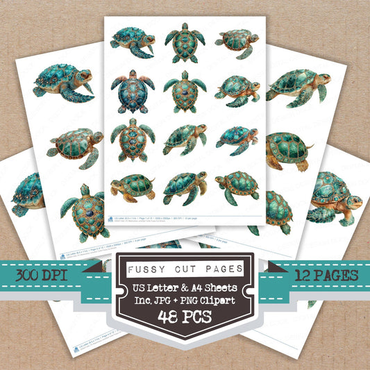 Watercolour Jewelled Turtle fussy cut printable sheets for junk journaling, scrapbooking, and paper craft projects