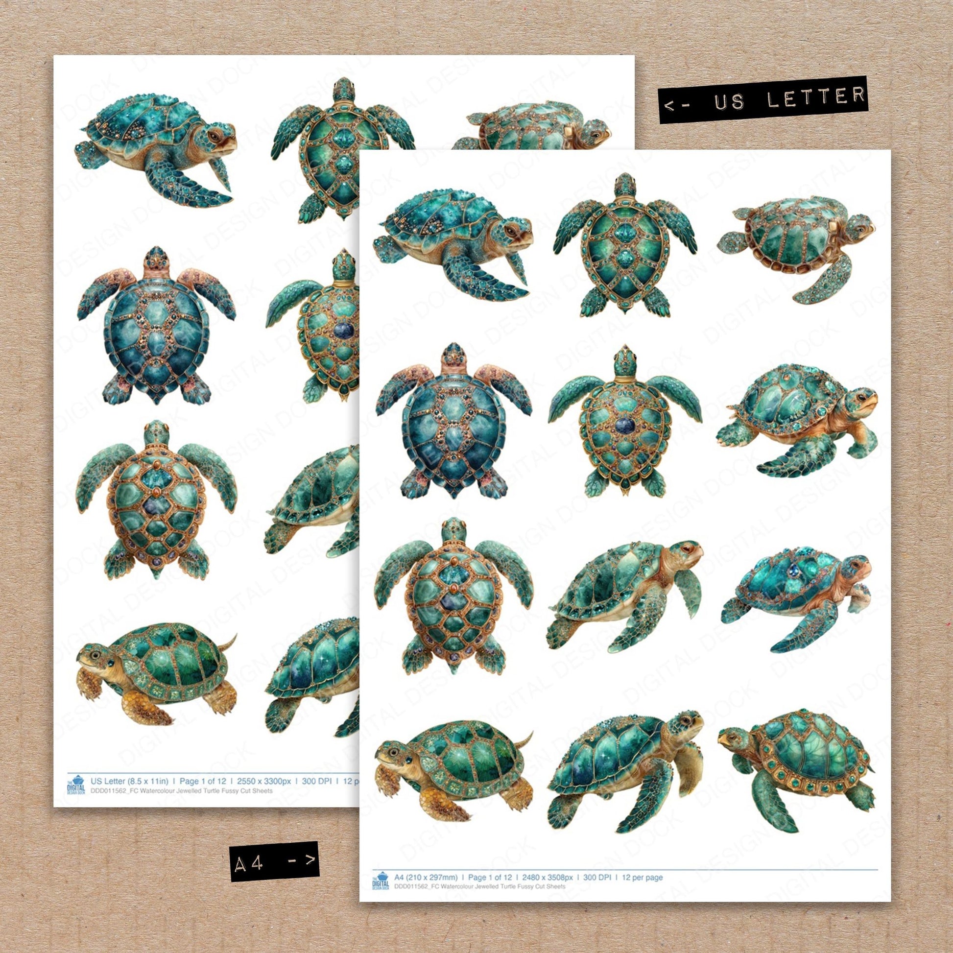 A4 and US Letter format comparison showing Watercolour Jewelled Turtle fussy cut pages for print and cut crafting