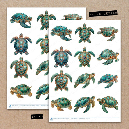 A4 and US Letter format comparison showing Watercolour Jewelled Turtle fussy cut pages for print and cut crafting