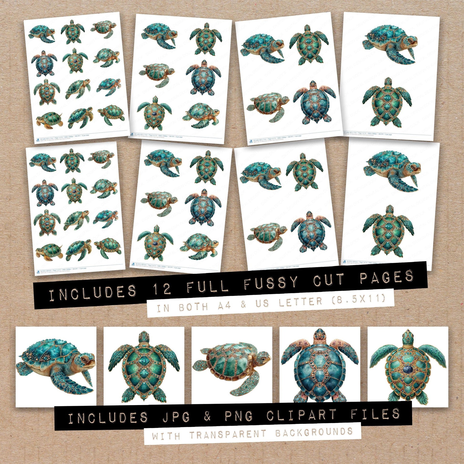 Full collection view of Watercolour Jewelled Turtle fussy cut sheets with bonus clipart JPG and PNG files