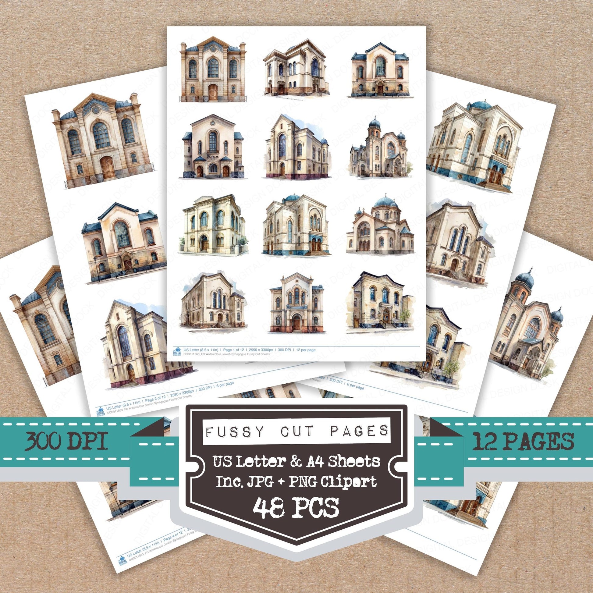 Watercolour Jewish Synagogue fussy cut printable sheets for junk journaling, scrapbooking, and paper craft projects