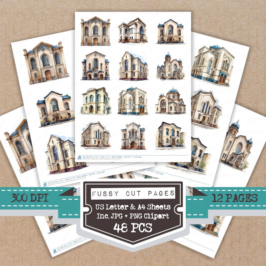 Watercolour Jewish Synagogue fussy cut printable sheets for junk journaling, scrapbooking, and paper craft projects