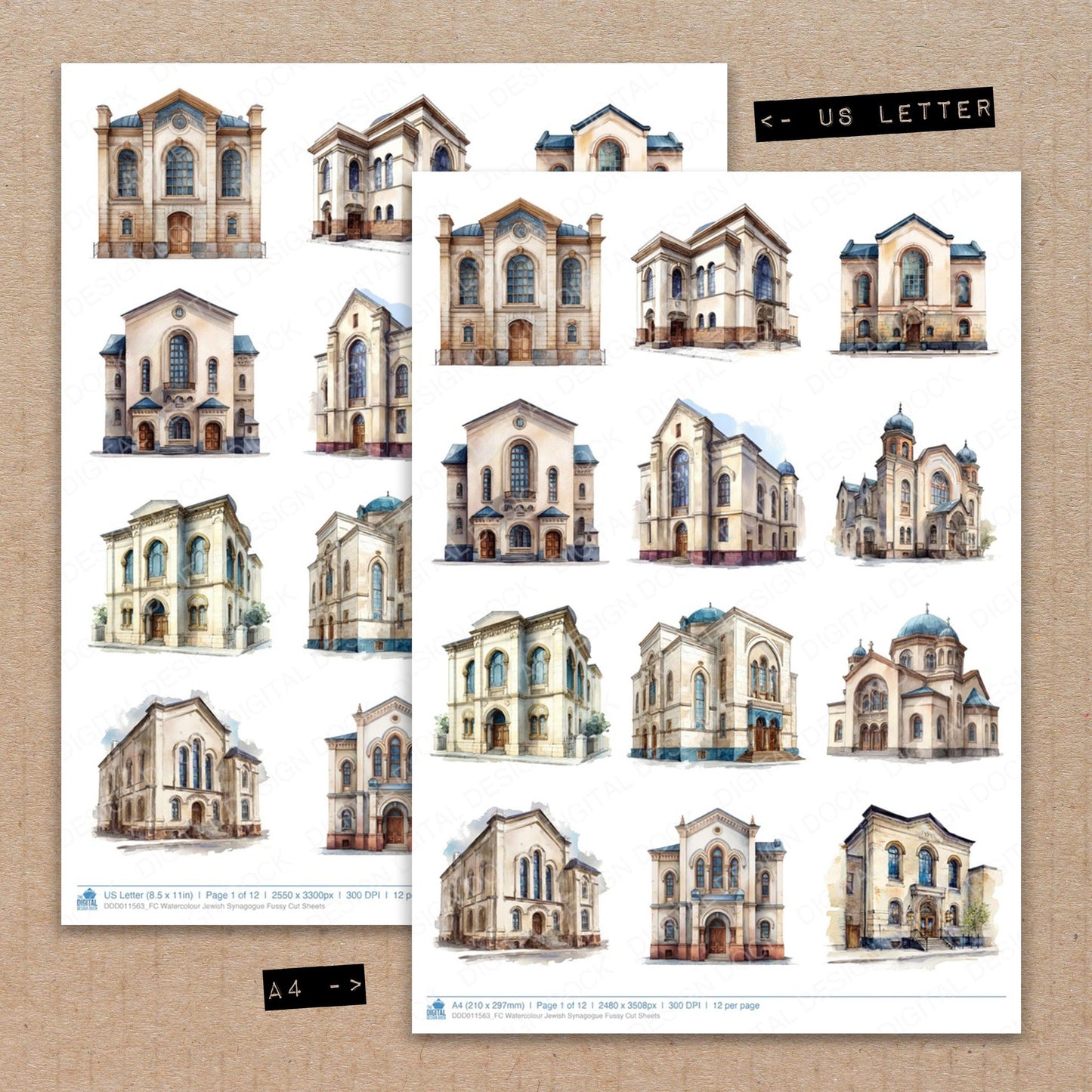A4 and US Letter format comparison showing Watercolour Jewish Synagogue fussy cut pages for print and cut crafting