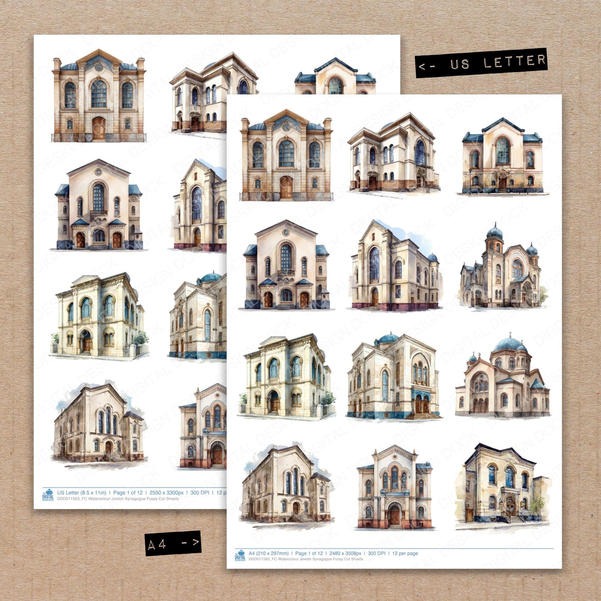 A4 and US Letter format comparison showing Watercolour Jewish Synagogue fussy cut pages for print and cut crafting