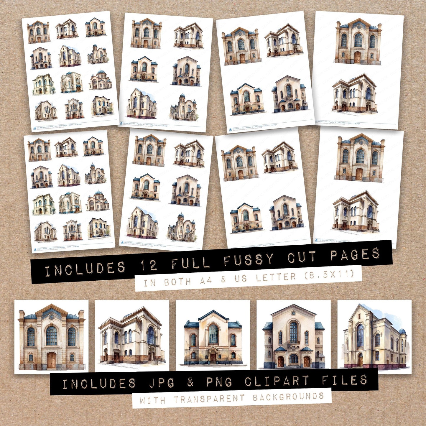 Full collection view of Watercolour Jewish Synagogue fussy cut sheets with bonus clipart JPG and PNG files