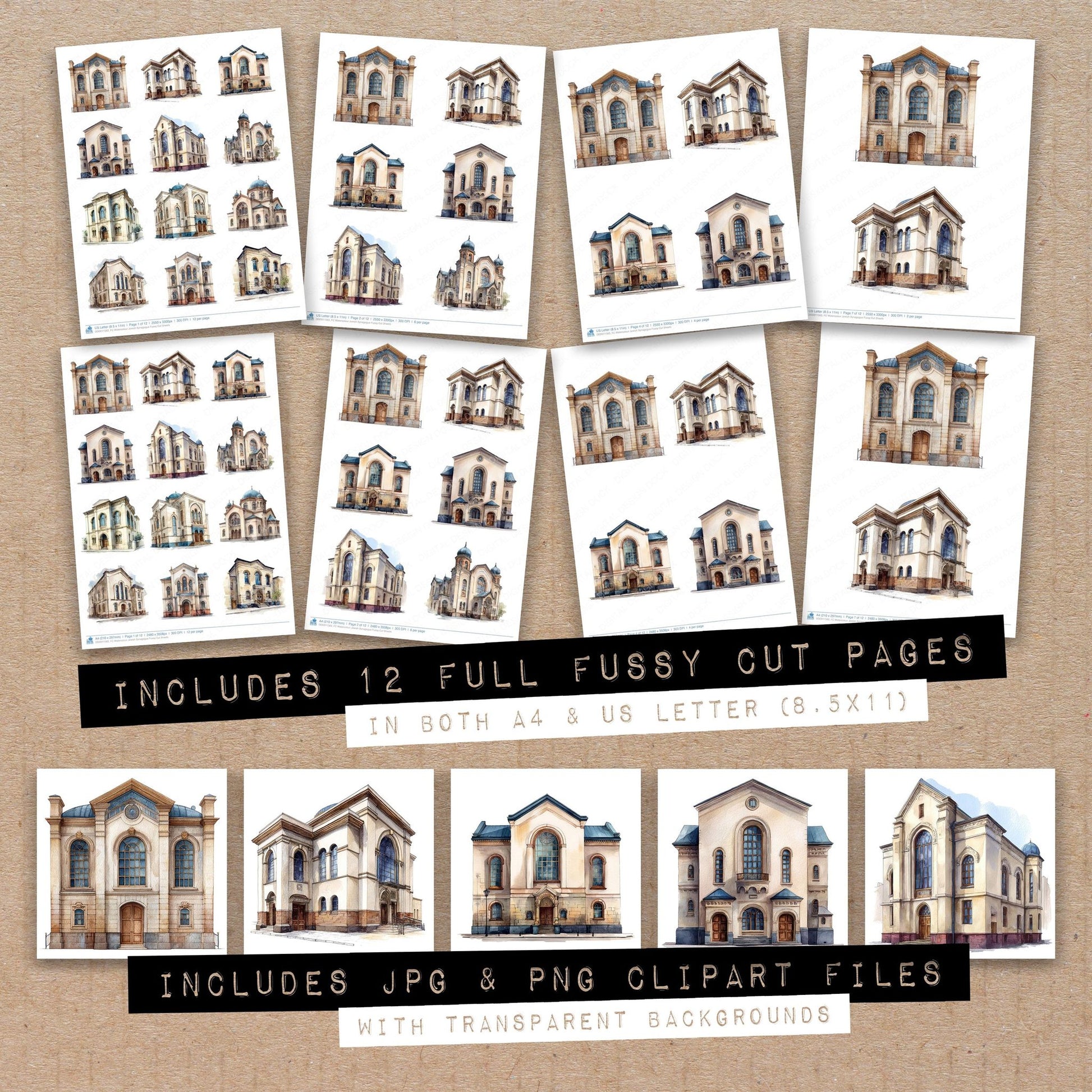 Full collection view of Watercolour Jewish Synagogue fussy cut sheets with bonus clipart JPG and PNG files