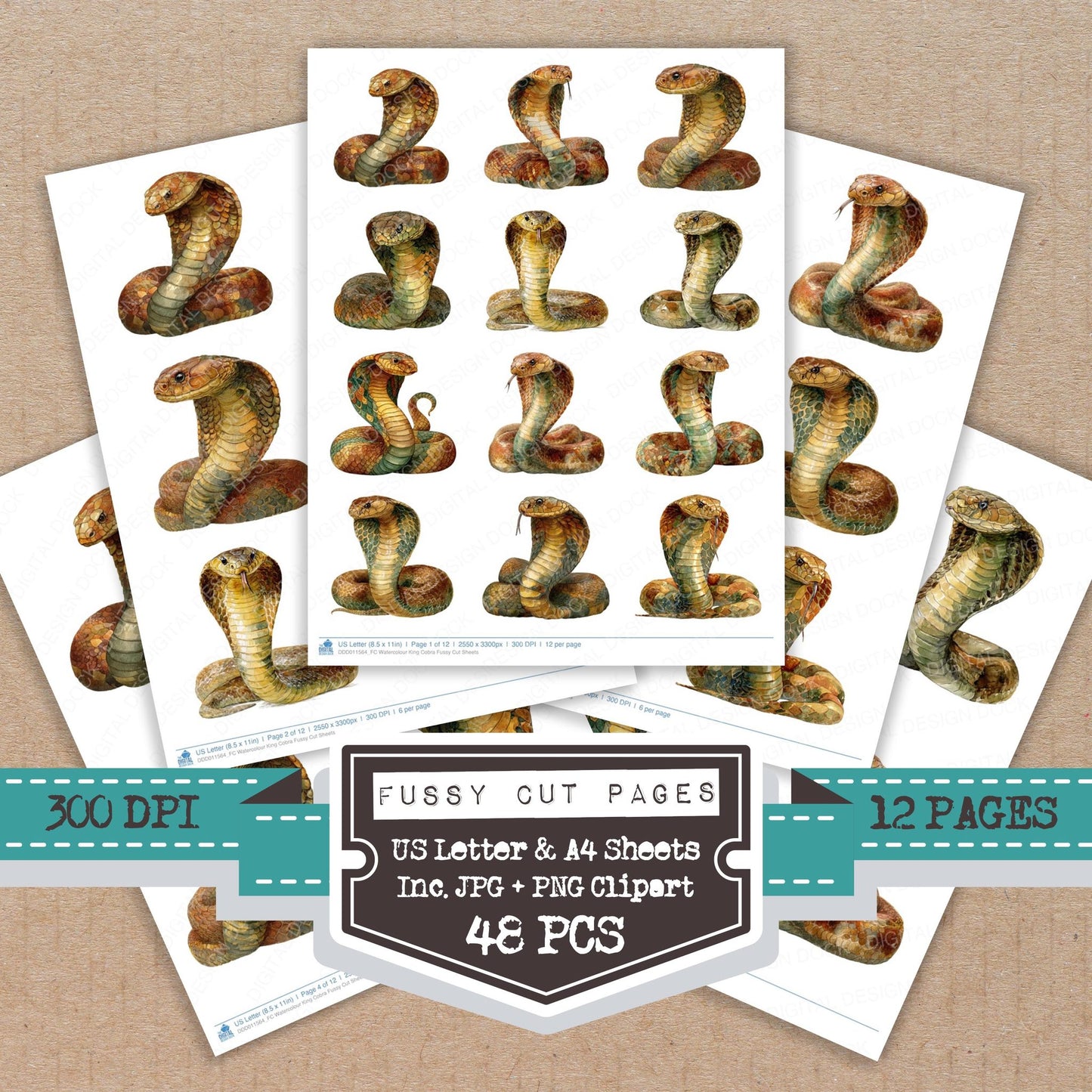Watercolour King Cobra fussy cut printable sheets for junk journaling, scrapbooking, and paper craft projects