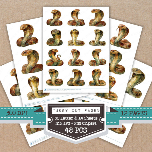 Watercolour King Cobra fussy cut printable sheets for junk journaling, scrapbooking, and paper craft projects