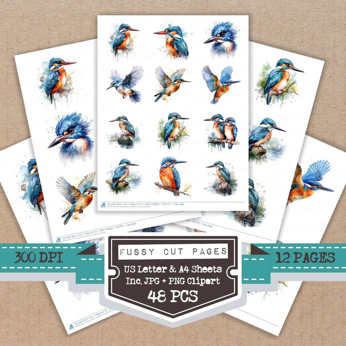 Watercolour Kingfisher fussy cut printable sheets for junk journaling, scrapbooking, and paper craft projects