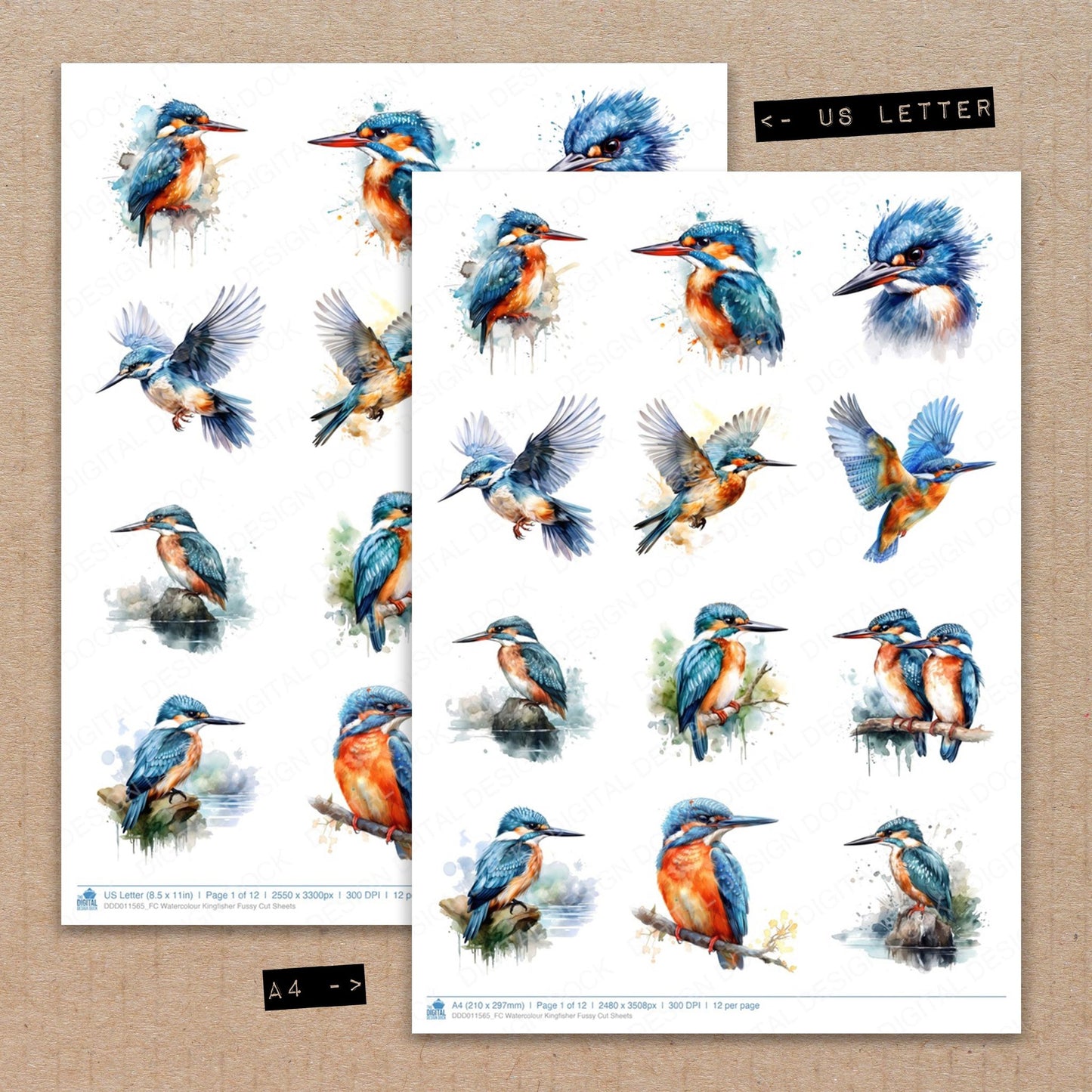 A4 and US Letter format comparison showing Watercolour Kingfisher fussy cut pages for print and cut crafting