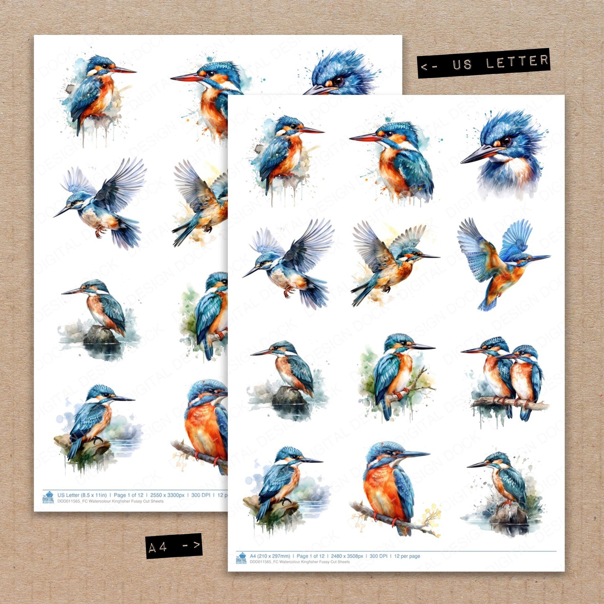 A4 and US Letter format comparison showing Watercolour Kingfisher fussy cut pages for print and cut crafting