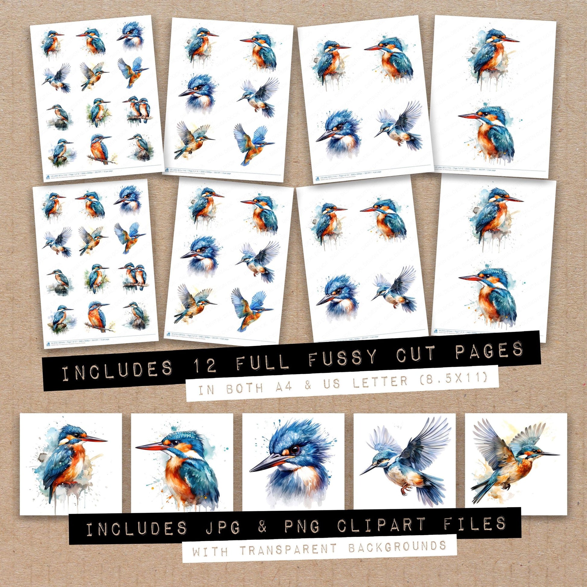 Full collection view of Watercolour Kingfisher fussy cut sheets with bonus clipart JPG and PNG files
