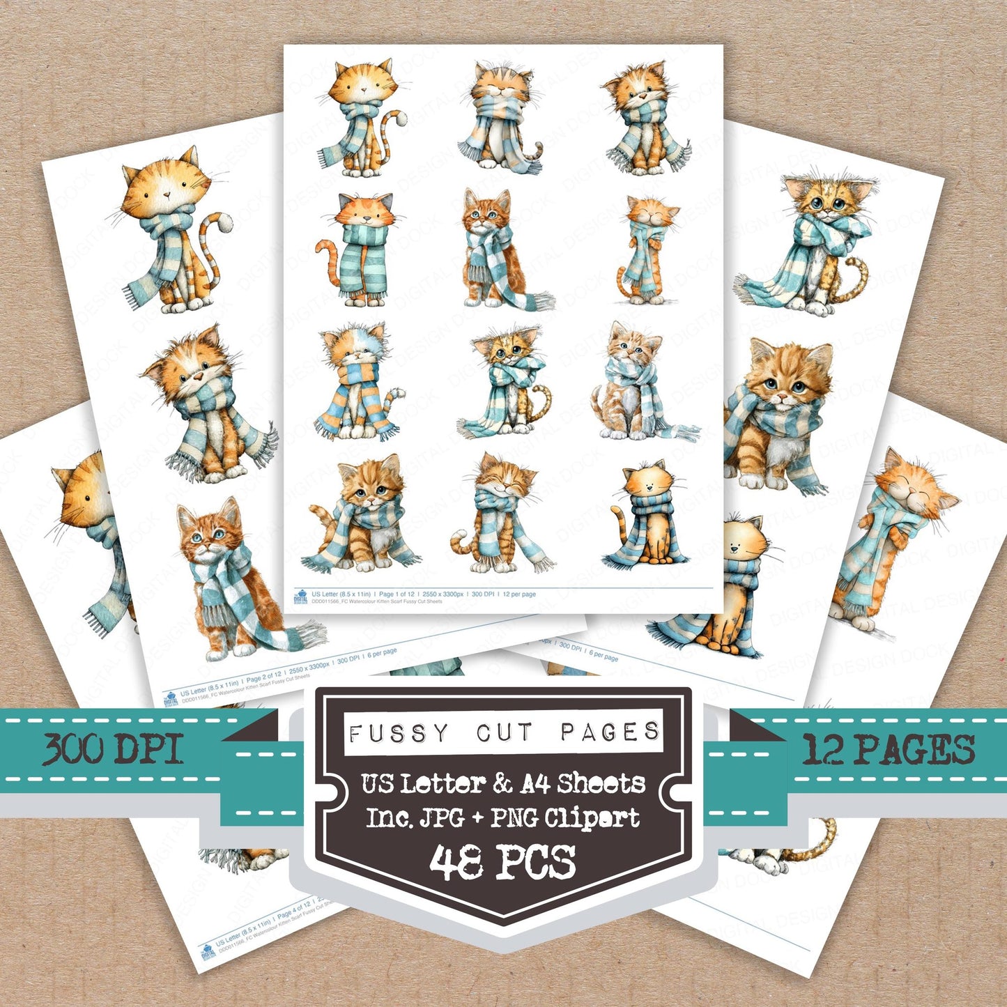 Watercolour Kitten Scarf fussy cut printable sheets for junk journaling, scrapbooking, and paper craft projects