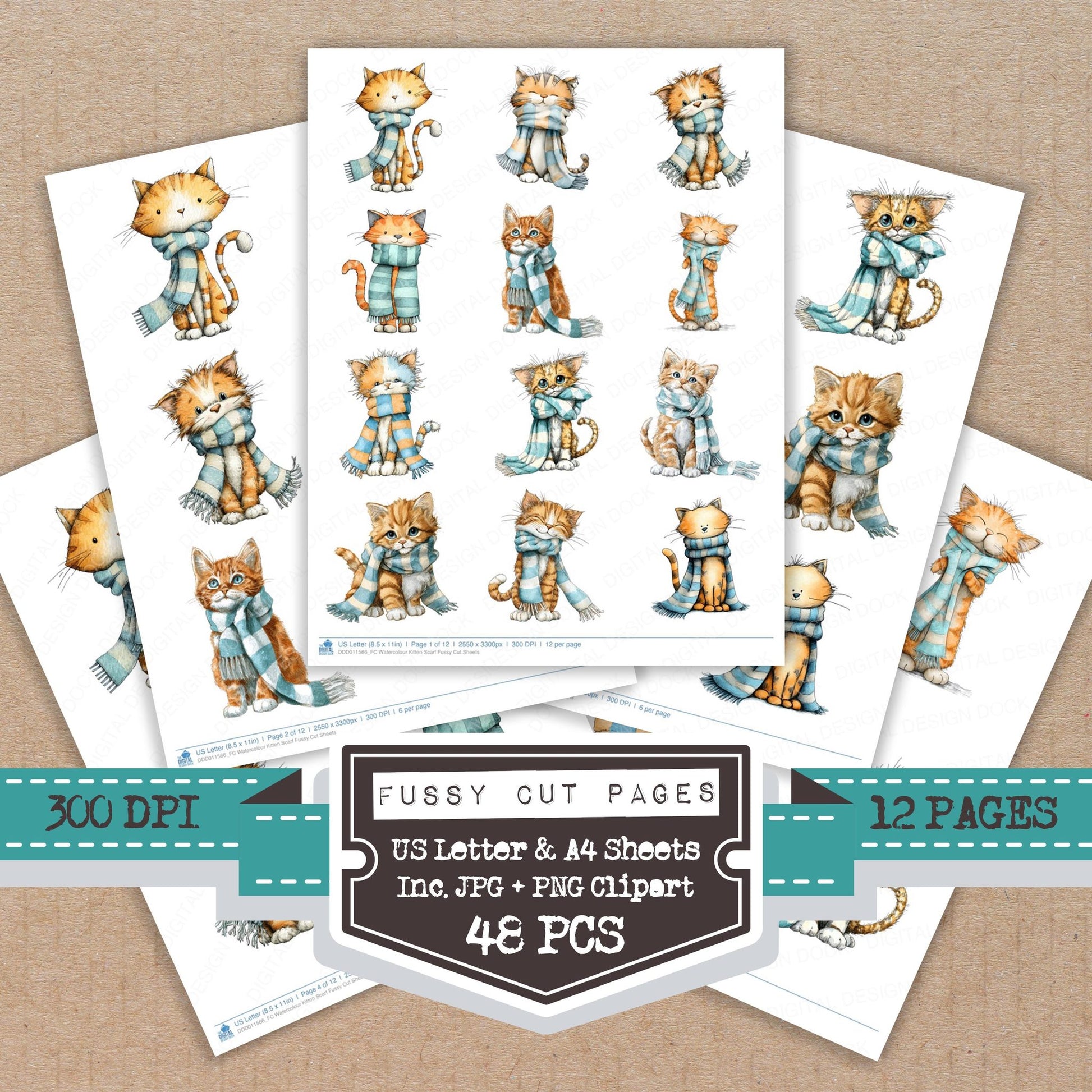 Watercolour Kitten Scarf fussy cut printable sheets for junk journaling, scrapbooking, and paper craft projects
