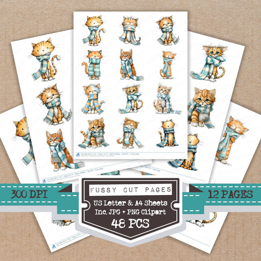 Watercolour Kitten Scarf fussy cut printable sheets for junk journaling, scrapbooking, and paper craft projects