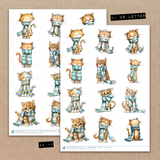 A4 and US Letter format comparison showing Watercolour Kitten Scarf fussy cut pages for print and cut crafting