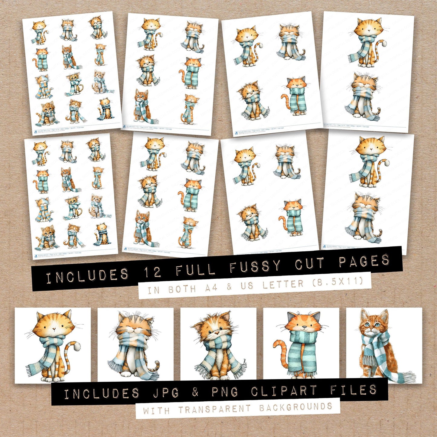 Full collection view of Watercolour Kitten Scarf fussy cut sheets with bonus clipart JPG and PNG files