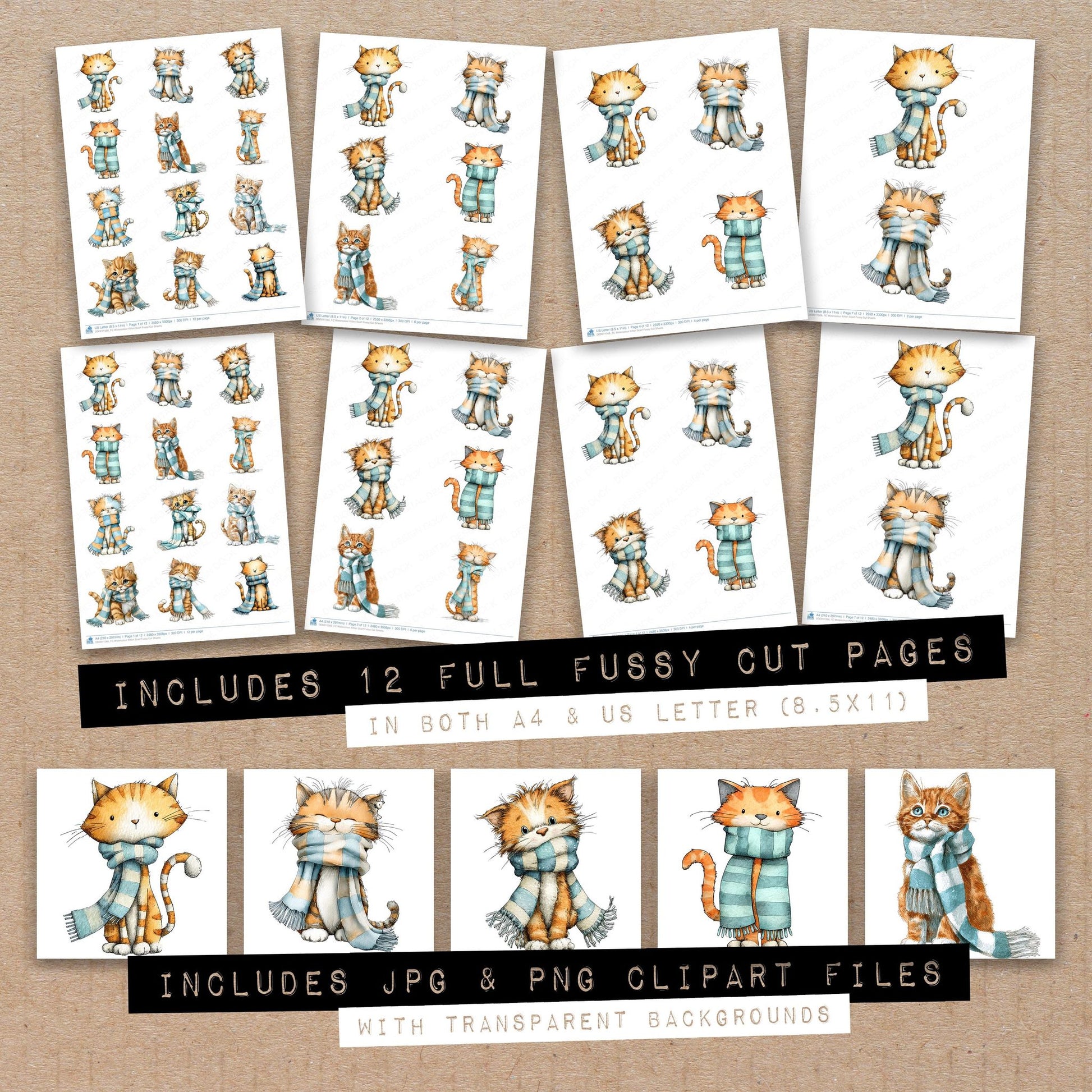 Full collection view of Watercolour Kitten Scarf fussy cut sheets with bonus clipart JPG and PNG files