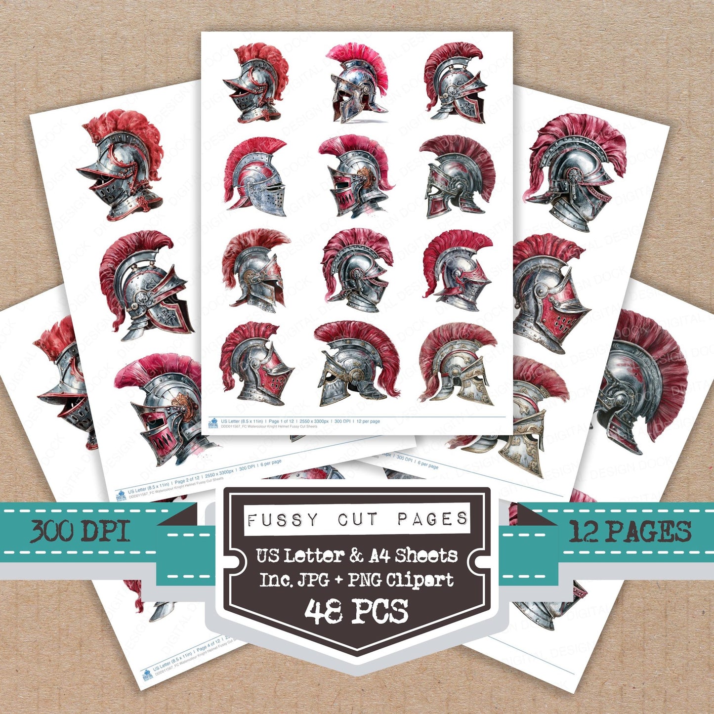 Watercolour Knight Helmet fussy cut printable sheets for junk journaling, scrapbooking, and paper craft projects