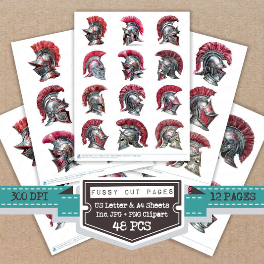 Watercolour Knight Helmet fussy cut printable sheets for junk journaling, scrapbooking, and paper craft projects