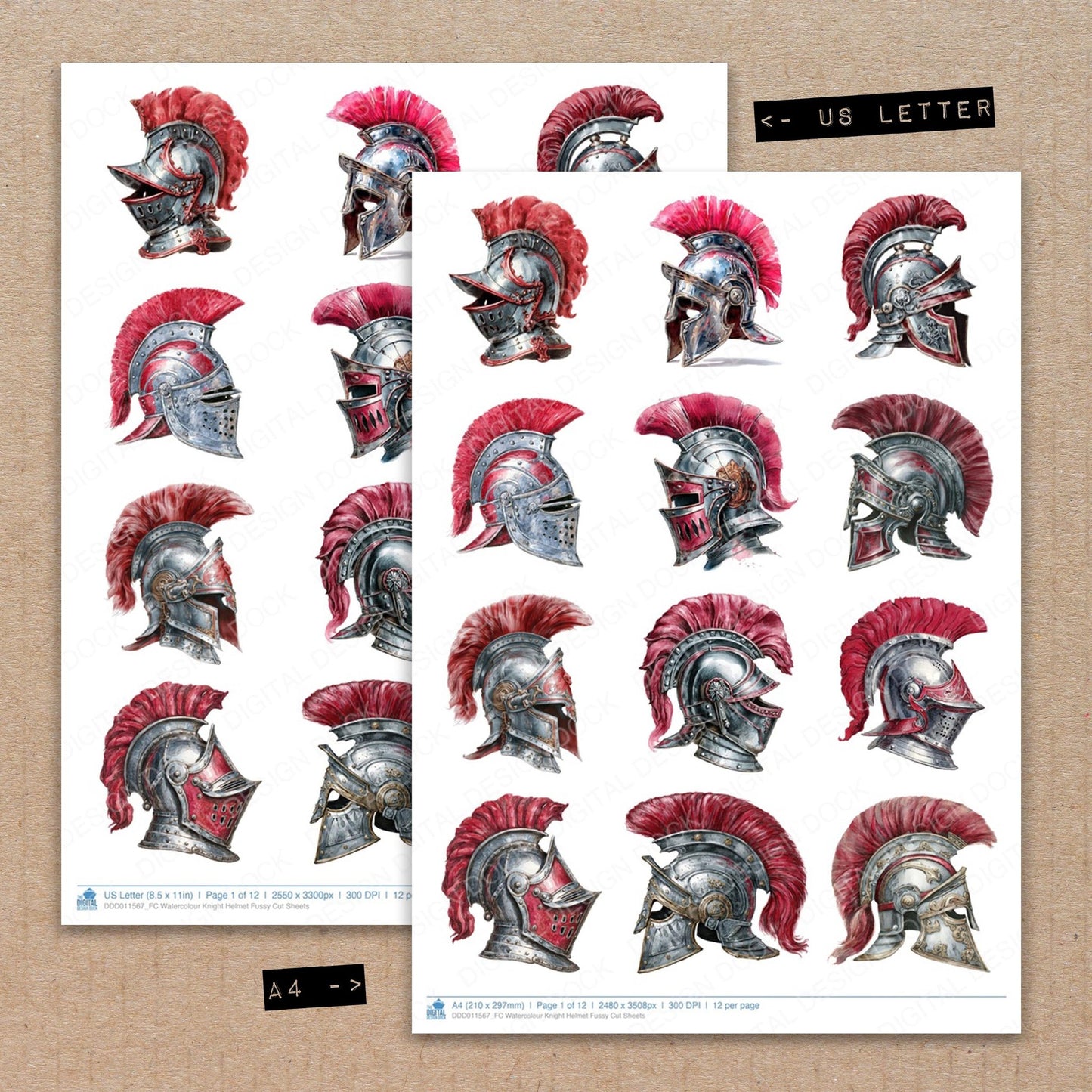 A4 and US Letter format comparison showing Watercolour Knight Helmet fussy cut pages for print and cut crafting