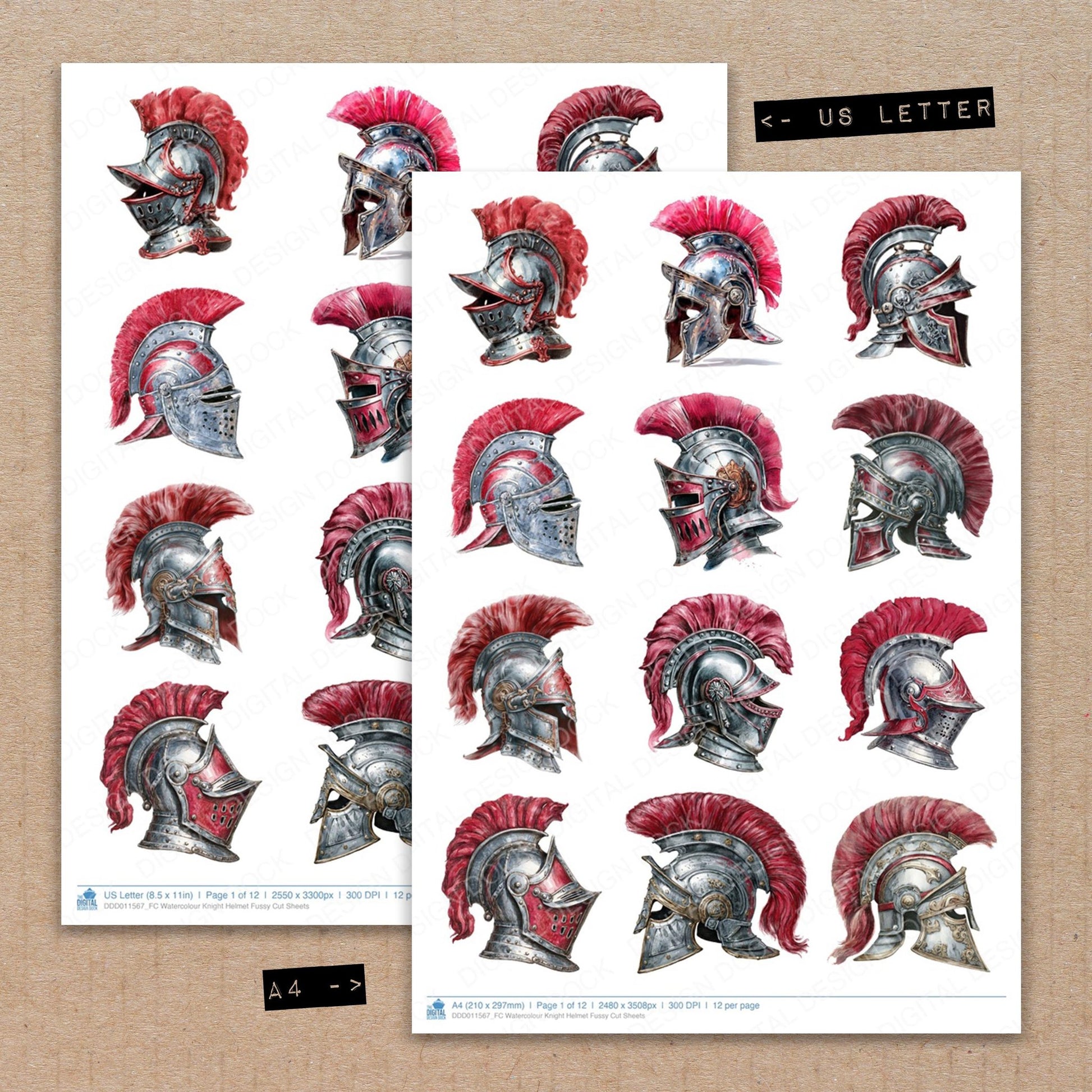 A4 and US Letter format comparison showing Watercolour Knight Helmet fussy cut pages for print and cut crafting