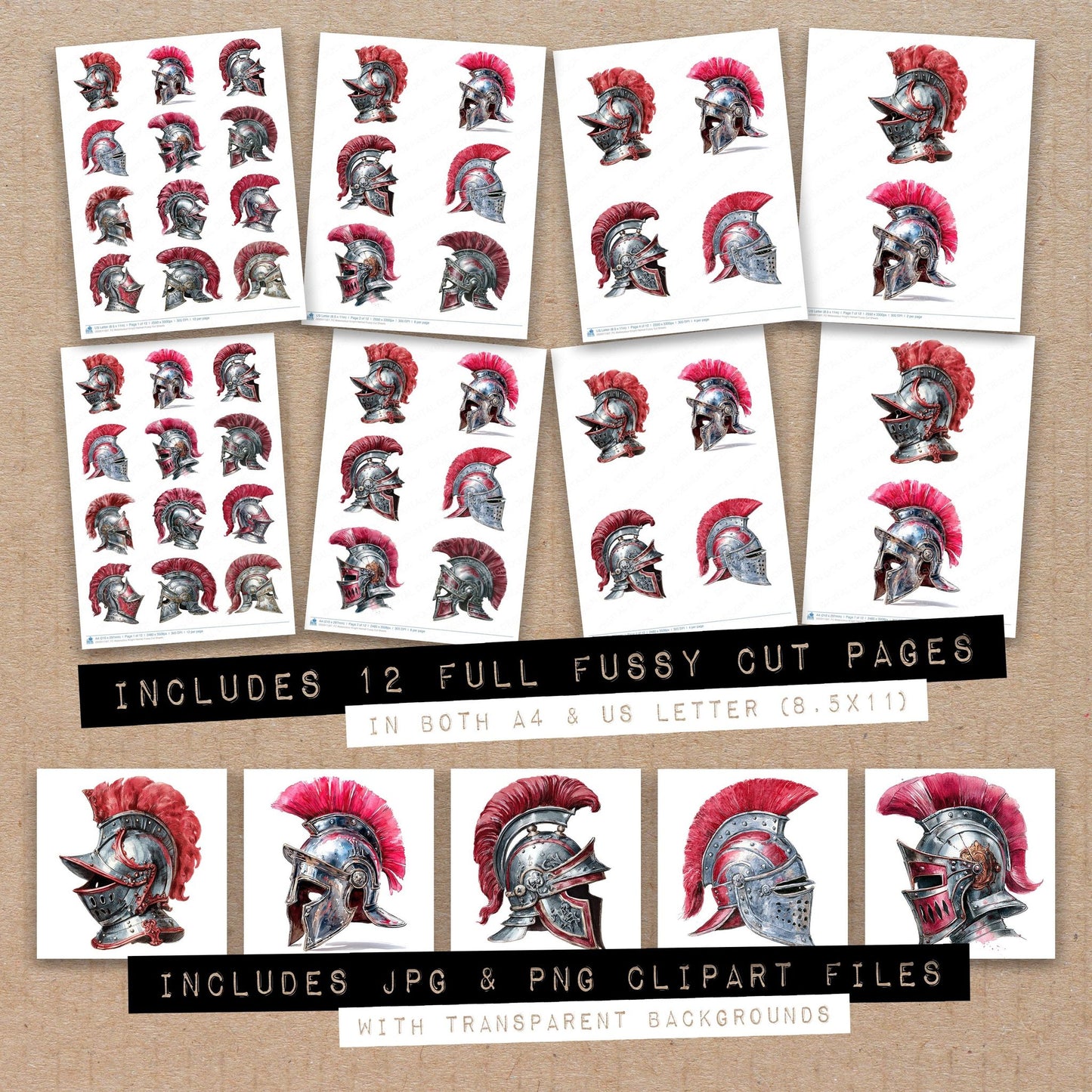 Full collection view of Watercolour Knight Helmet fussy cut sheets with bonus clipart JPG and PNG files