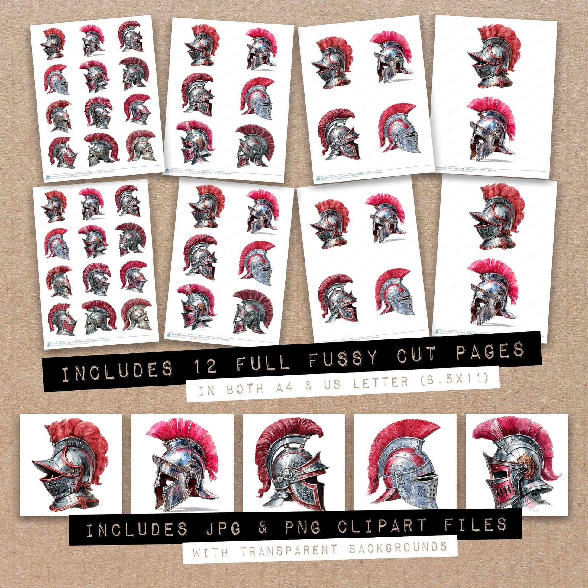 Full collection view of Watercolour Knight Helmet fussy cut sheets with bonus clipart JPG and PNG files
