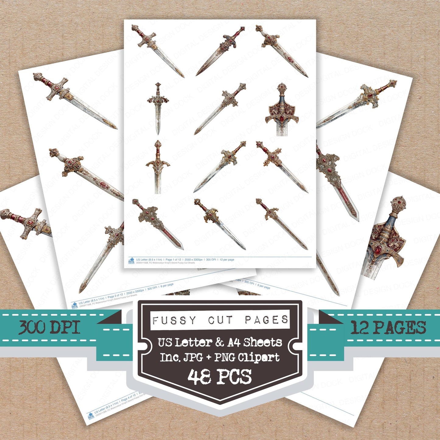 Watercolour Knight Sword fussy cut printable sheets for junk journaling, scrapbooking, and paper craft projects