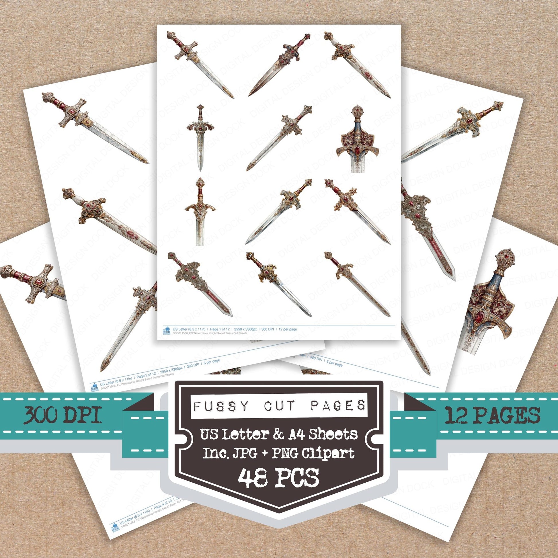 Watercolour Knight Sword fussy cut printable sheets for junk journaling, scrapbooking, and paper craft projects
