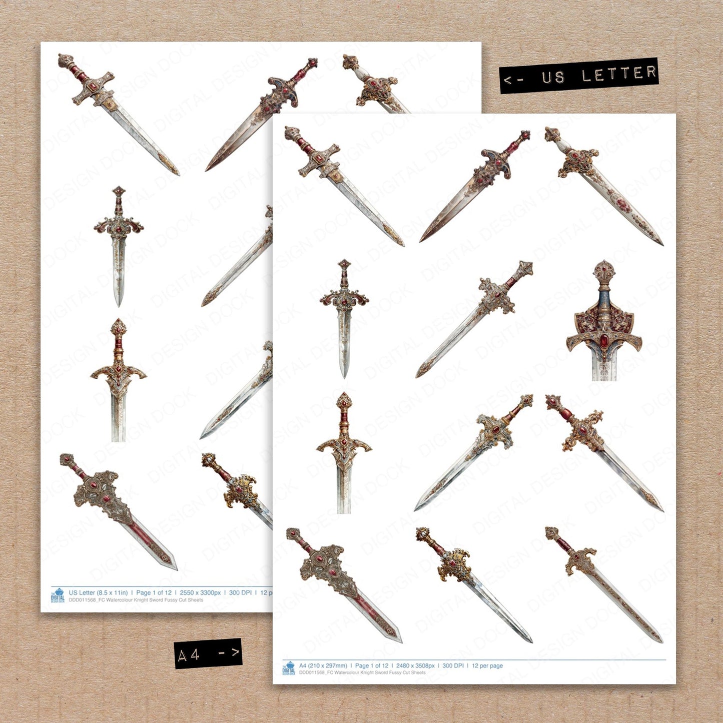 A4 and US Letter format comparison showing Watercolour Knight Sword fussy cut pages for print and cut crafting
