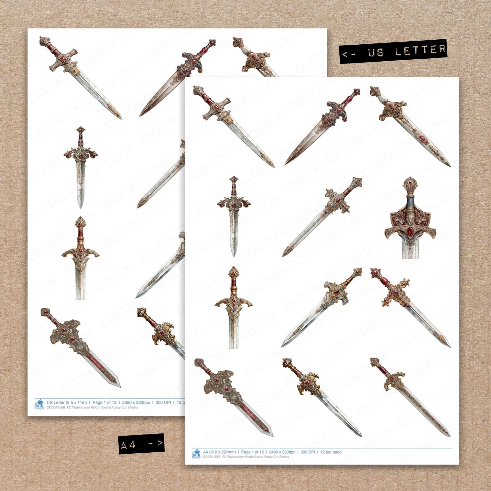 A4 and US Letter format comparison showing Watercolour Knight Sword fussy cut pages for print and cut crafting