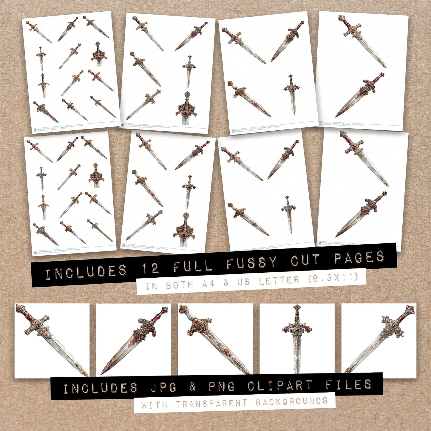 Full collection view of Watercolour Knight Sword fussy cut sheets with bonus clipart JPG and PNG files