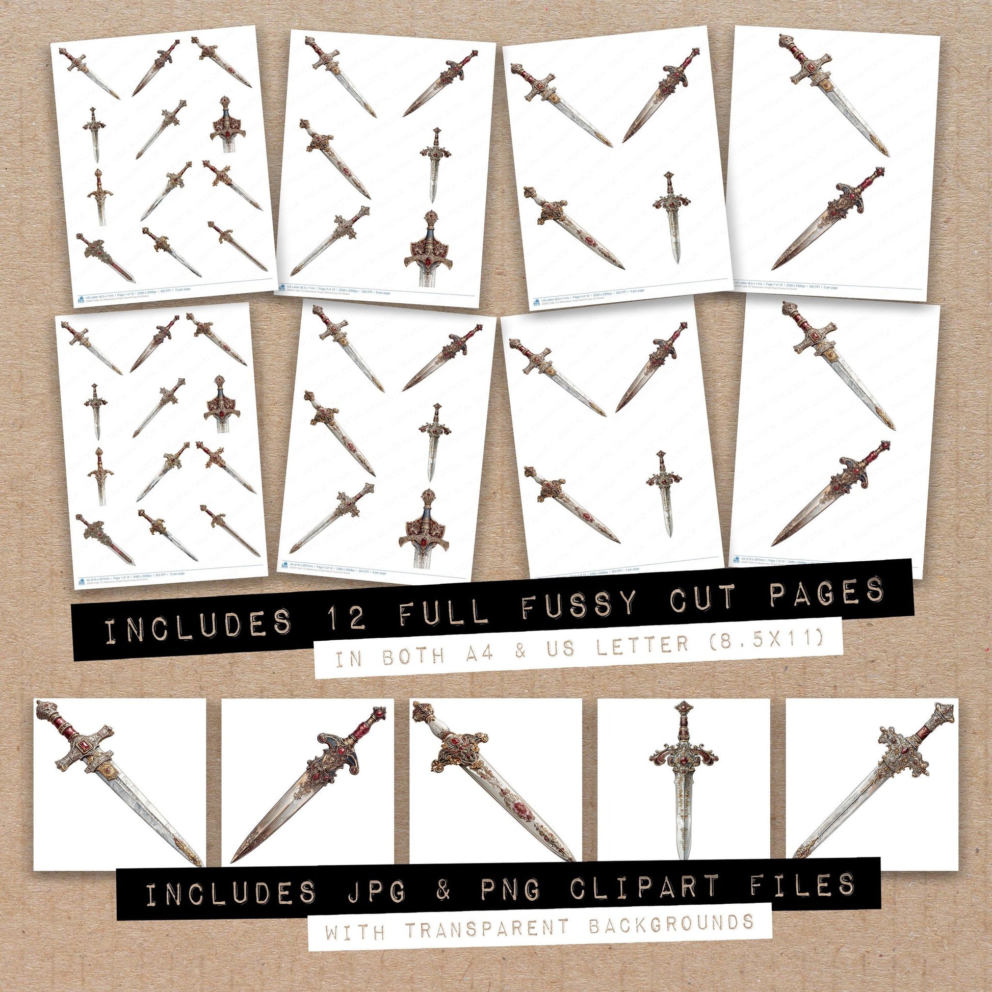 Full collection view of Watercolour Knight Sword fussy cut sheets with bonus clipart JPG and PNG files