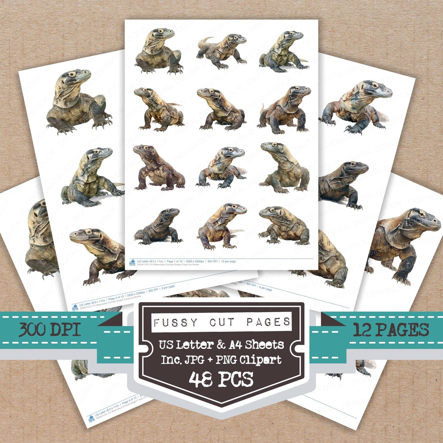 Watercolour Komodo Dragon fussy cut printable sheets for junk journaling, scrapbooking, and paper craft projects