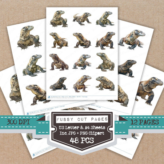 Watercolour Komodo Dragon fussy cut printable sheets for junk journaling, scrapbooking, and paper craft projects