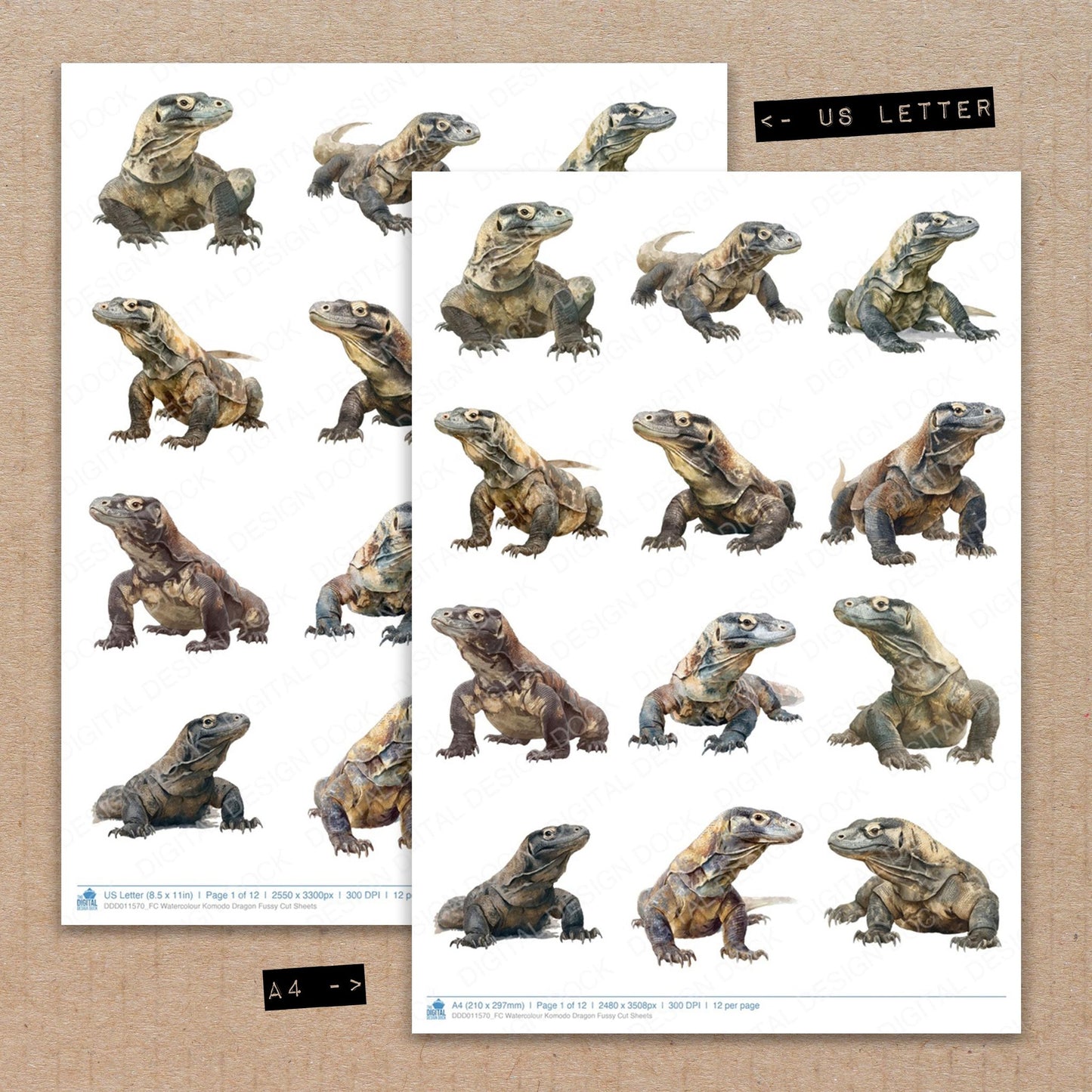 A4 and US Letter format comparison showing Watercolour Komodo Dragon fussy cut pages for print and cut crafting