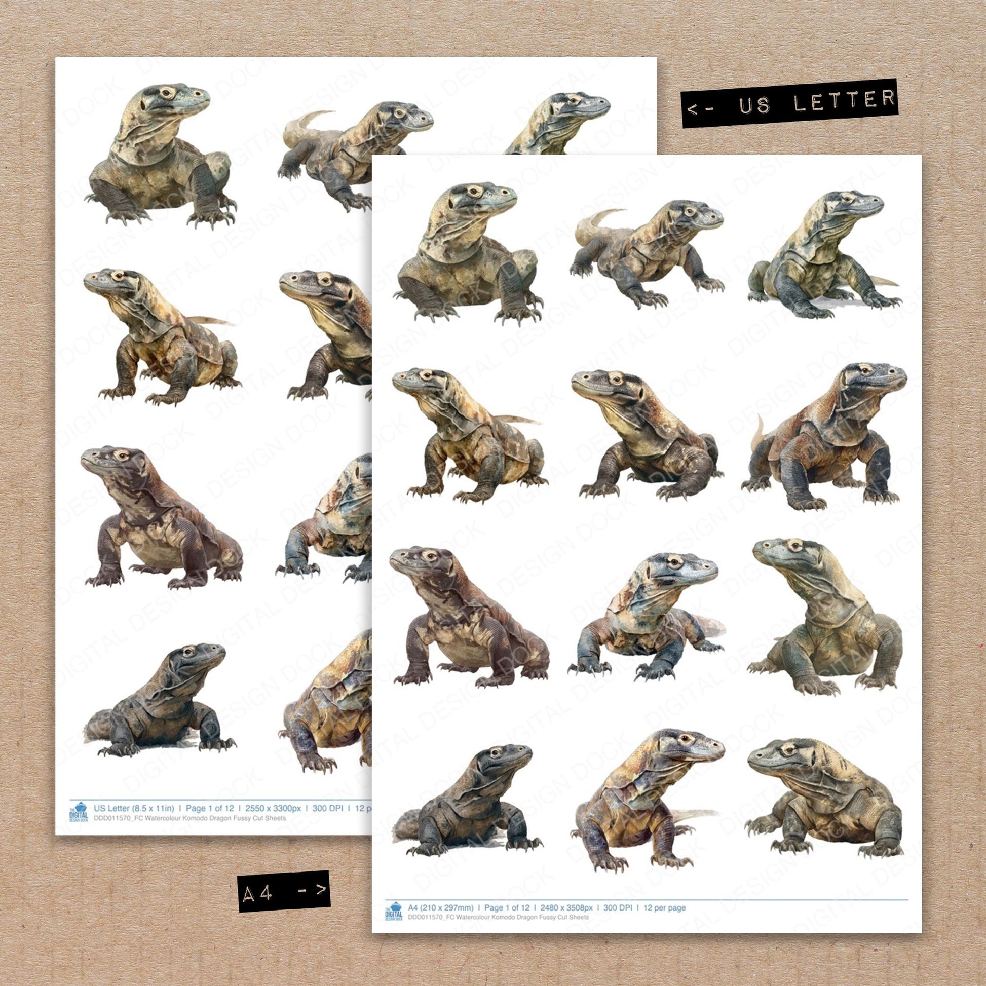A4 and US Letter format comparison showing Watercolour Komodo Dragon fussy cut pages for print and cut crafting