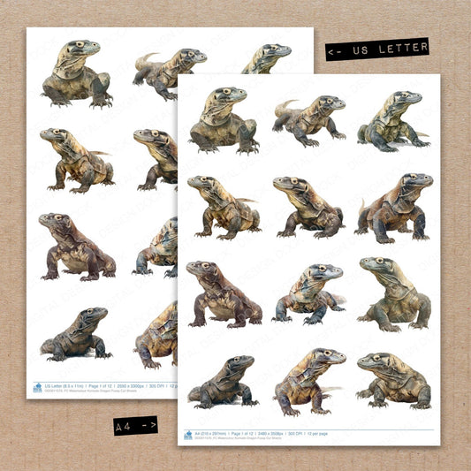 A4 and US Letter format comparison showing Watercolour Komodo Dragon fussy cut pages for print and cut crafting