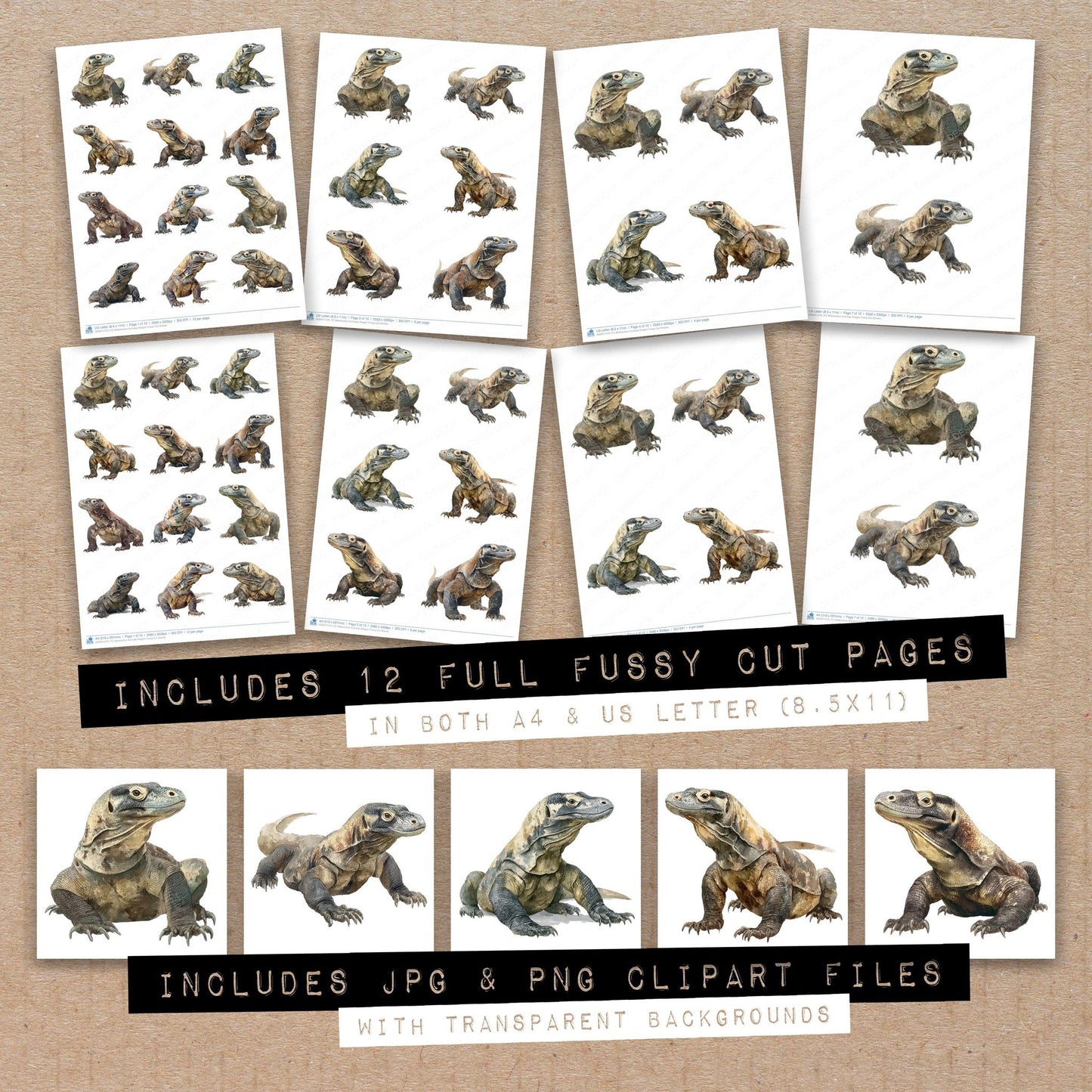 Full collection view of Watercolour Komodo Dragon fussy cut sheets with bonus clipart JPG and PNG files