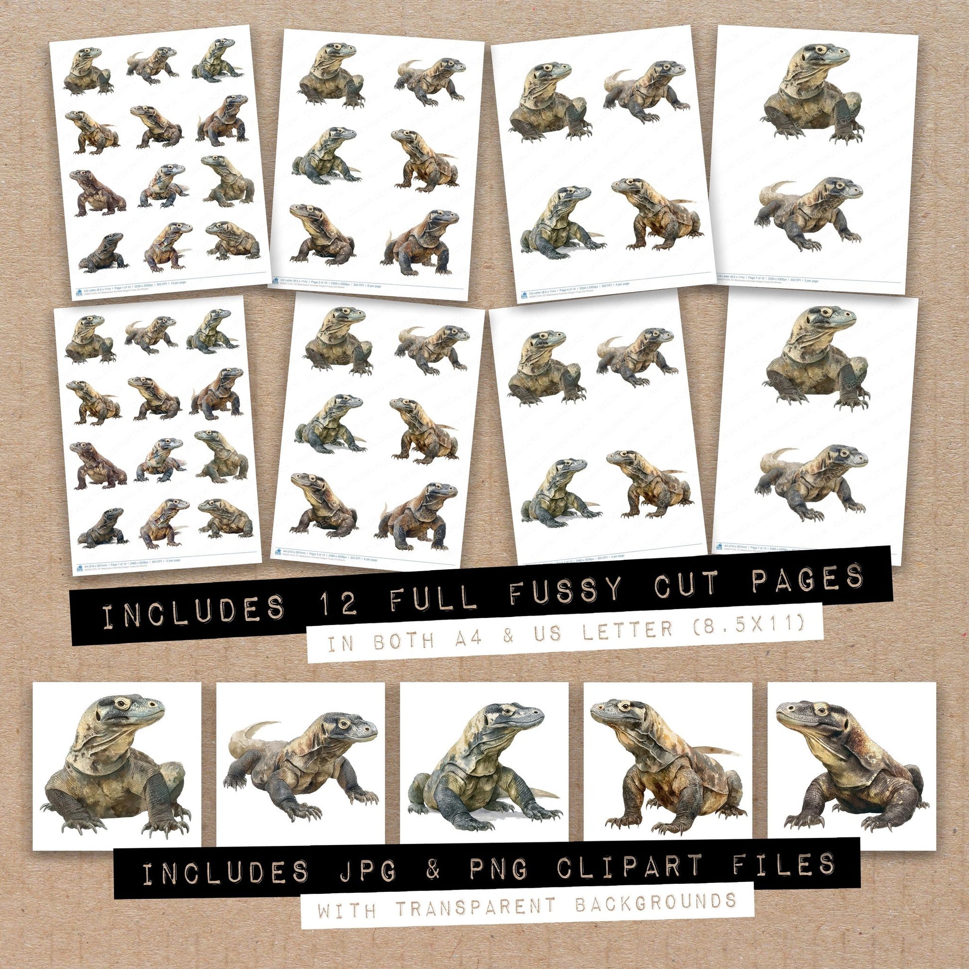 Full collection view of Watercolour Komodo Dragon fussy cut sheets with bonus clipart JPG and PNG files