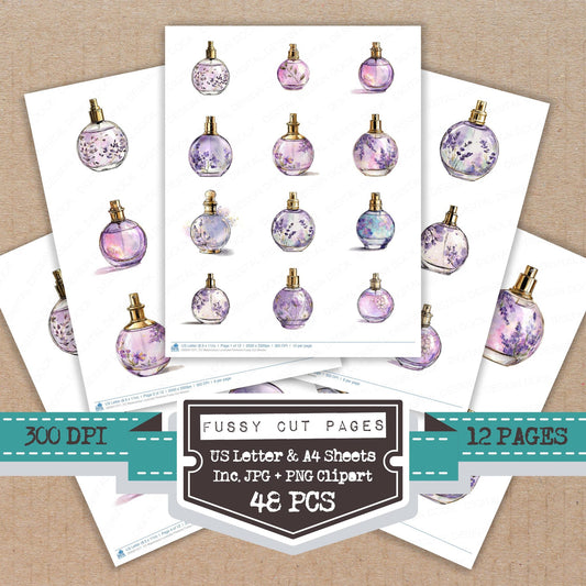 Watercolour Lavender Perfume fussy cut printable sheets for junk journaling, scrapbooking, and paper craft projects