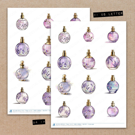 A4 and US Letter format comparison showing Watercolour Lavender Perfume fussy cut pages for print and cut crafting