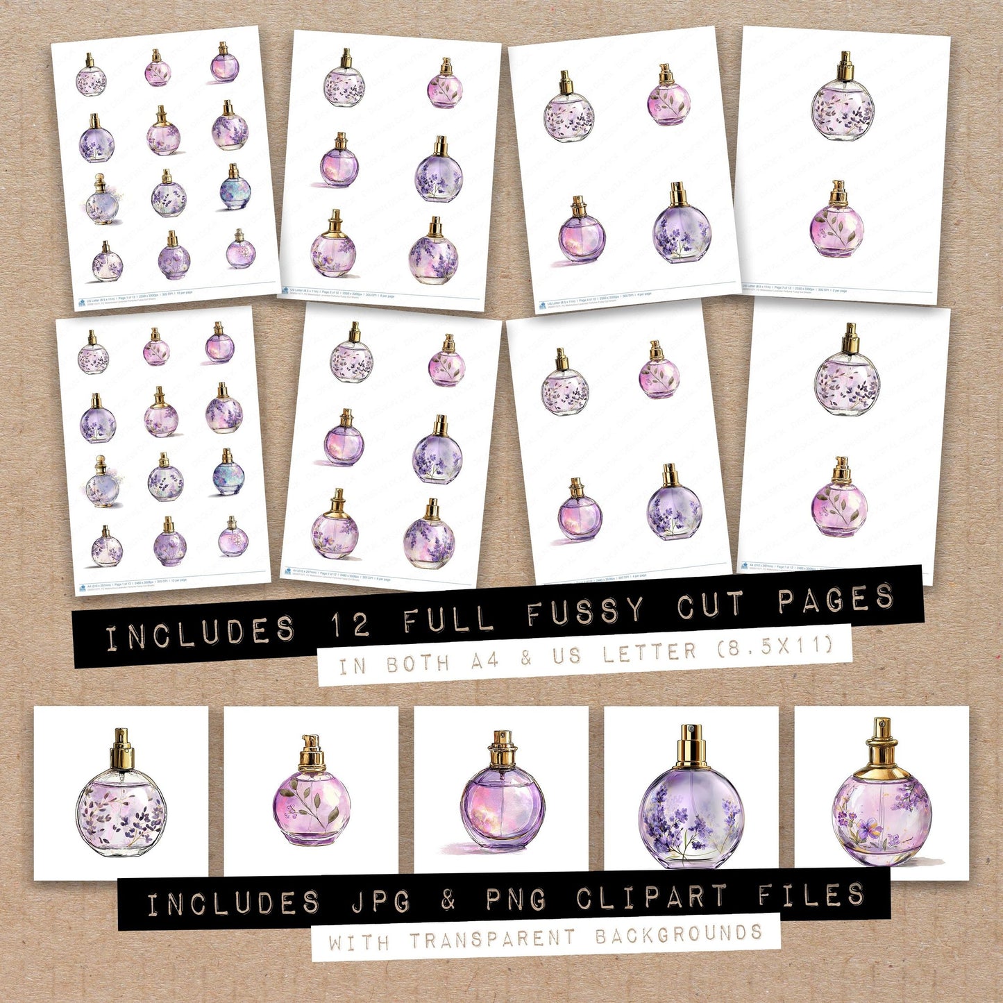 Full collection view of Watercolour Lavender Perfume fussy cut sheets with bonus clipart JPG and PNG files