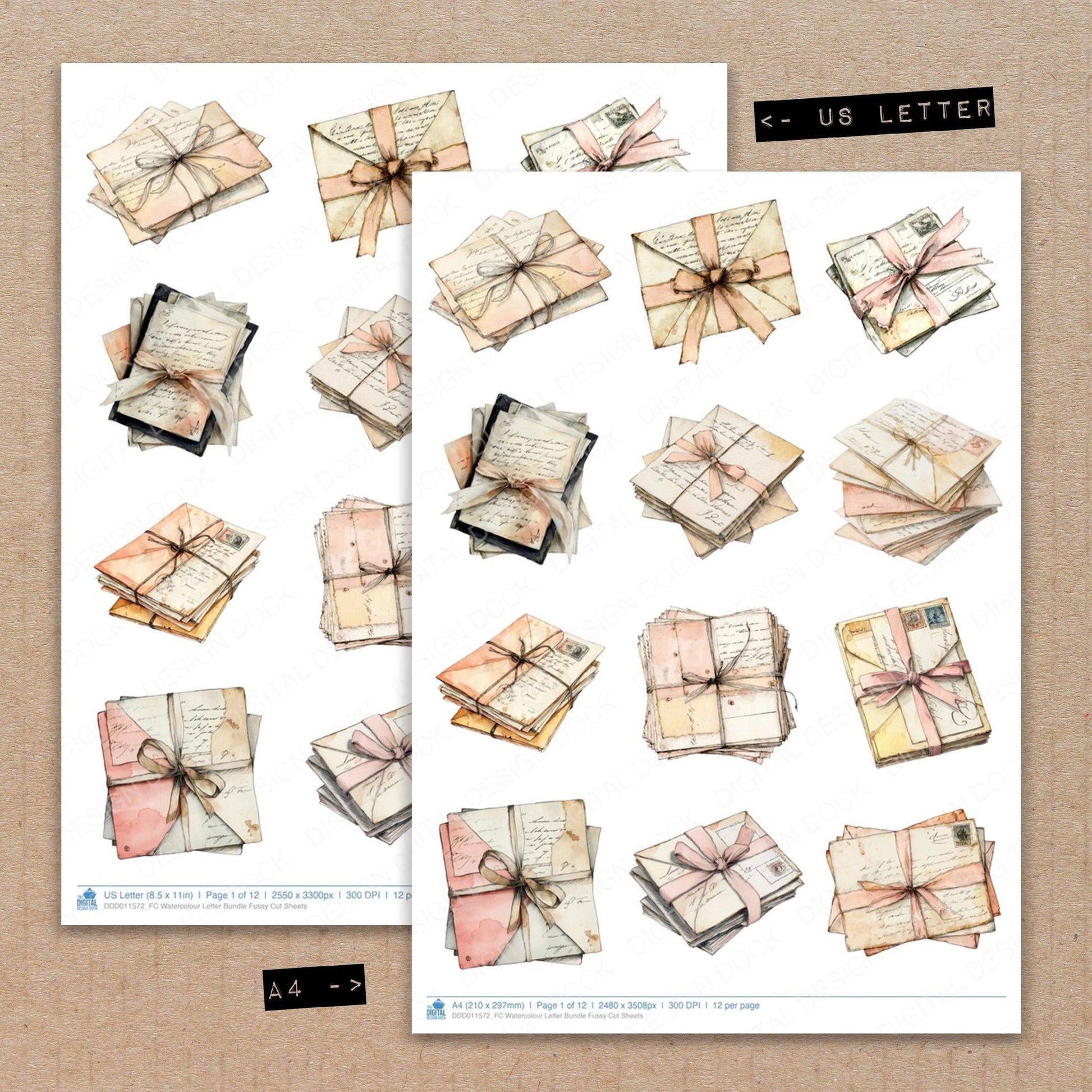 A4 and US Letter format comparison showing Watercolour Letter fussy cut pages for print and cut crafting