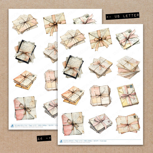 A4 and US Letter format comparison showing Watercolour Letter fussy cut pages for print and cut crafting
