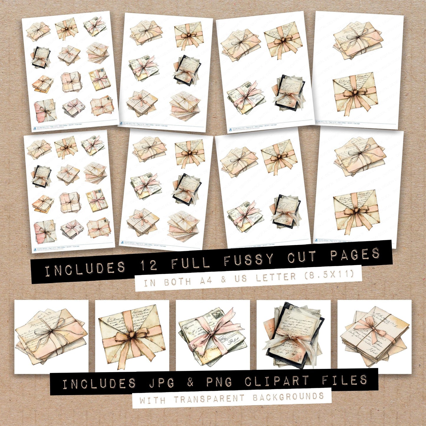 Full collection view of Watercolour Letter fussy cut sheets with bonus clipart JPG and PNG files