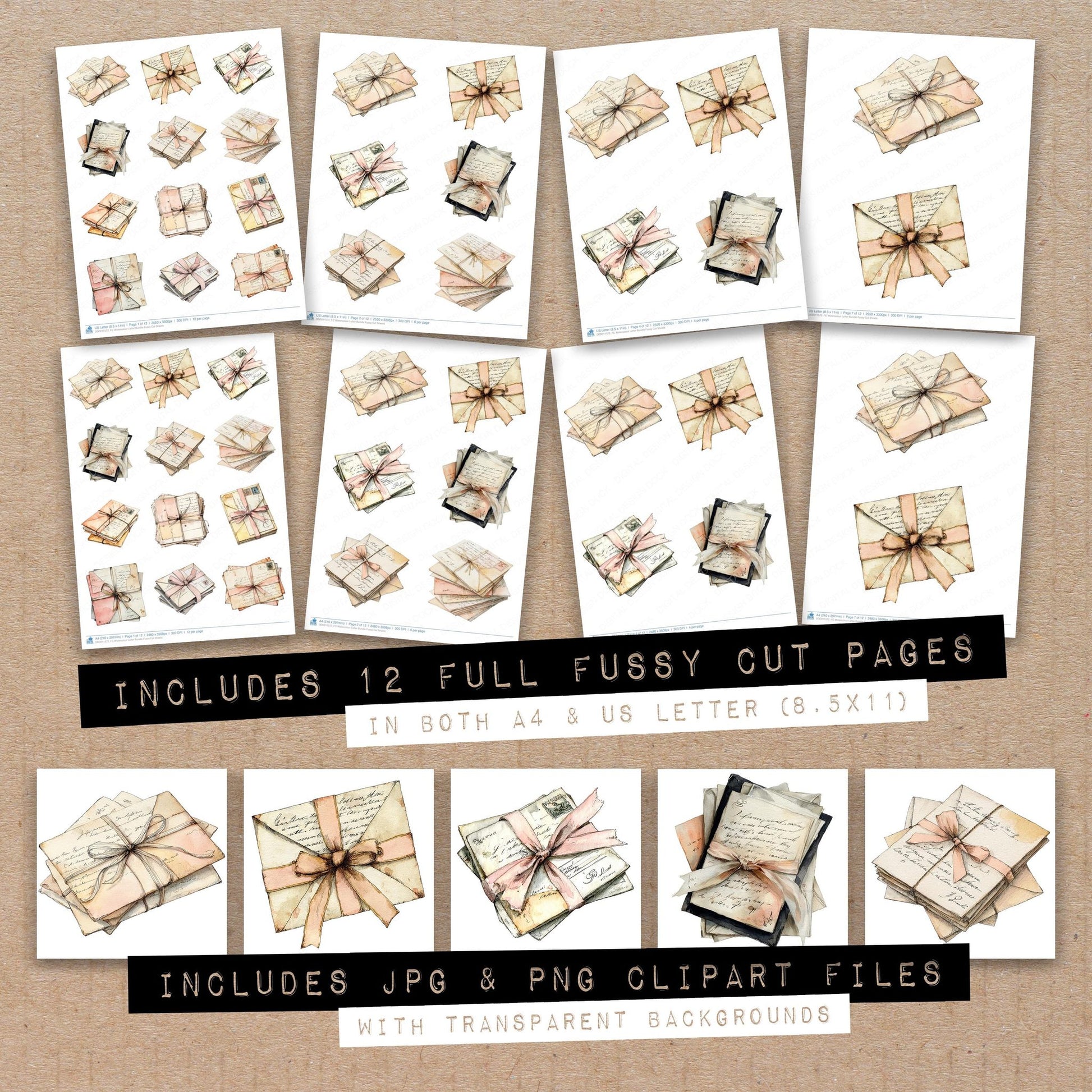 Full collection view of Watercolour Letter fussy cut sheets with bonus clipart JPG and PNG files